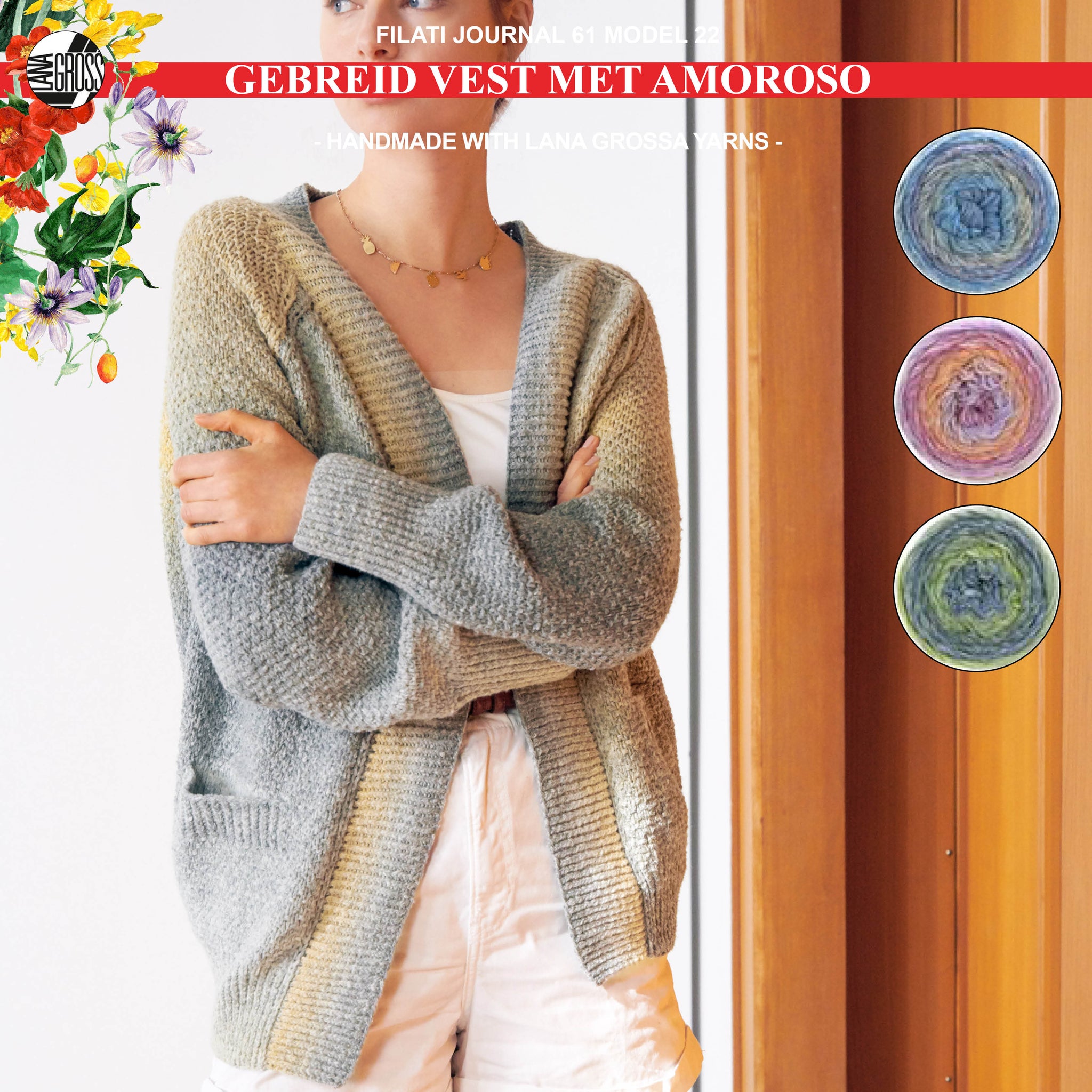 Breipakket vest met Amoroso-garen model 22 van Lana Grossa Filati Journal nr. 61