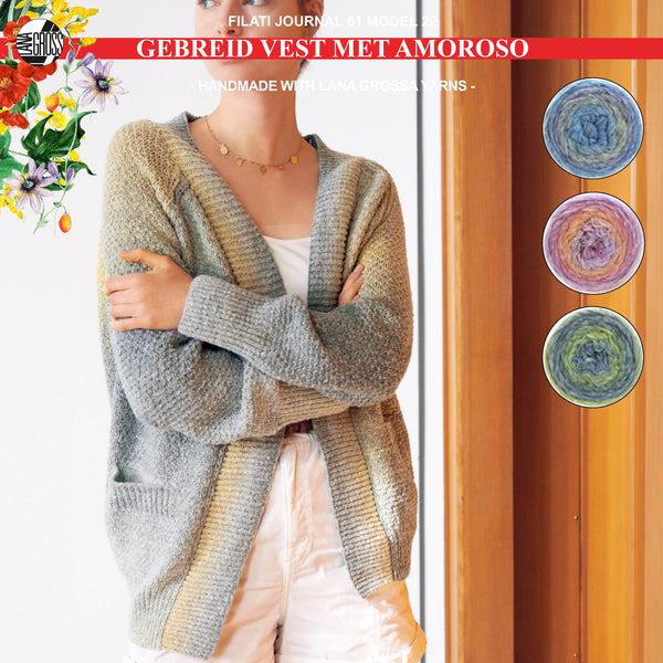 Breipakket vest met Amoroso-garen model 22 van Lana Grossa Filati Journal nr. 61